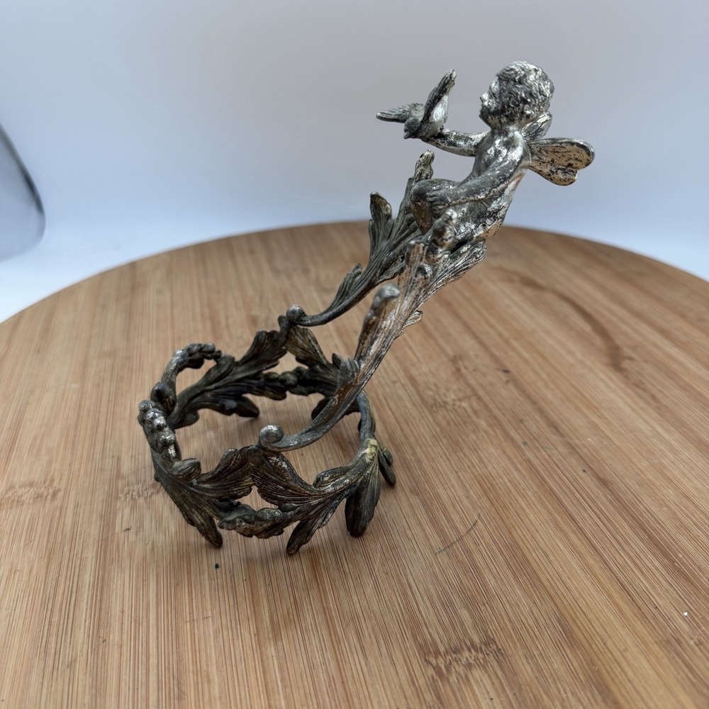 Antique Art Nouveau Cherub Candle Holder Stand Metal Figural Putto Base